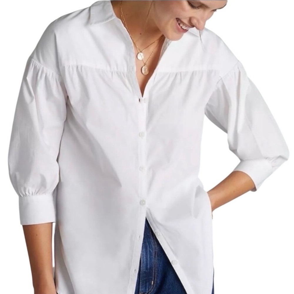 Maeve Anthropologie White Cotton Poplin Puff Sleeve Button Down Shirt XL Staple